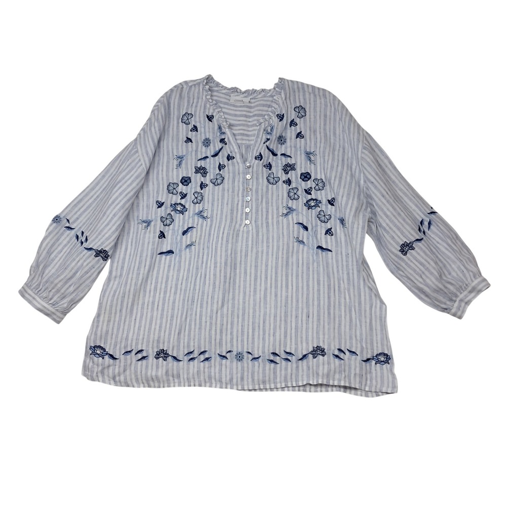 J. Jill Top Womens Medium Blue White Love Linen Striped Floral Embroidered